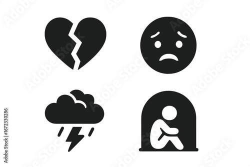 Anxiety solid icon set. Mental health, depression, stress concept. Vector glyph of broken heart, worried face, storm cloud, and social isolation. Psychology symbols.