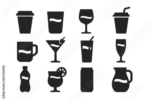 Beverages and drinks silhouette icons set. Vector collection of drink pictograms. Coffee cup, wine glass, cocktail, soda, juice, beer can, bottle and mug for bar menu.