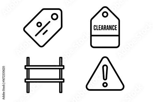Clearance sale and retail markdown vector icon set. Price tag, discount label, empty shelf symbol. Final sale, special offer, and store promotion graphic elements.