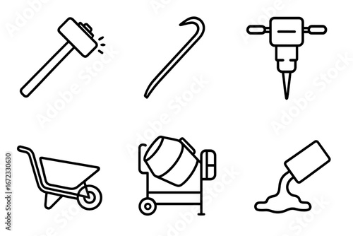 Construction and demolition tool icon set. Vector line art symbols for building industry. Sledgehammer, crowbar, jackhammer, wheelbarrow, concrete mixer and cement pouring.