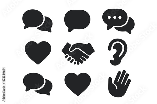Communication glyph icon set. Solid vector icons for dialogue, chat, and social media. Concepts of understanding, listening, empathy, agreement, partnership, and connection.