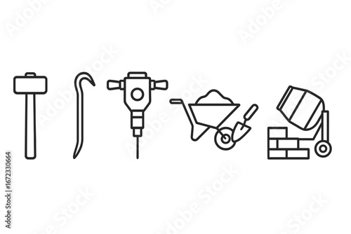 Construction and demolition tools icon set. Vector line art of sledgehammer, crowbar, jackhammer, wheelbarrow, and concrete mixer. Building and renovation equipment symbols.
