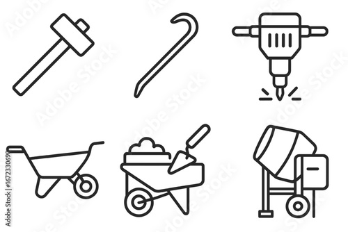 Construction and demolition line icon set. Vector tools for building and renovation work. Sledgehammer, crowbar, jackhammer, wheelbarrow, concrete mixer, trowel symbols.