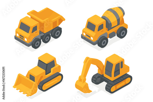 Isometric construction toy vehicles icon set. Vector illustrations of heavy machinery like a dump truck, cement mixer, bulldozer, and excavator. Building industry graphics.