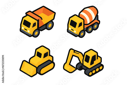 Construction vehicles isometric icon set. Toy dump truck, cement mixer, bulldozer, excavator. Heavy equipment cartoon vector flat illustration. Building industry machinery graphics.