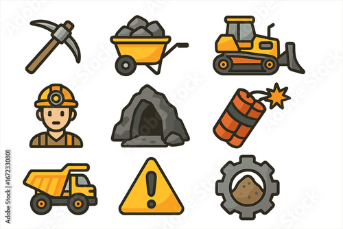 Mining and construction icon set. Heavy industry equipment symbols. Coal mine, bulldozer, dump truck, dynamite, pickaxe vector illustrations for web and mobile apps.