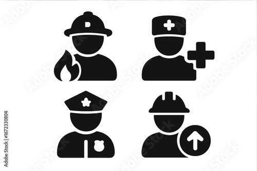 Emergency response icon set. First responders solid glyph icons. Vector symbols for firefighter, police officer, paramedic, doctor, and rescue team. Essential workers pictogram.