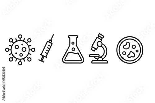 Science and medicine research linear icon set. Virus, vaccine syringe, lab flask, microscope, petri dish. Disease surveillance, epidemiology, microbiology, bacteriology vector.