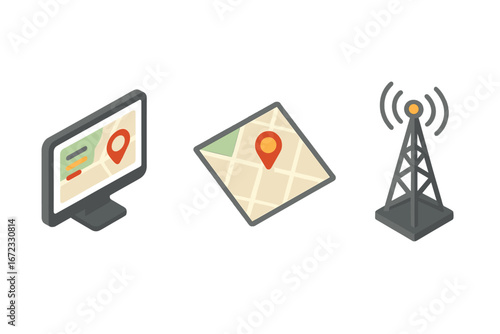 Isometric dispatch center icon set. Vector illustration of logistics operations, GPS map navigation, and fleet tracking. Computer monitor, location pin, and radio tower icons.