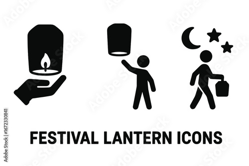Lantern festival solid icon set. Sky lantern release ceremony, night walk pictogram. Asian tradition, celebration, hope and wish symbol. Vector glyph illustration on white.