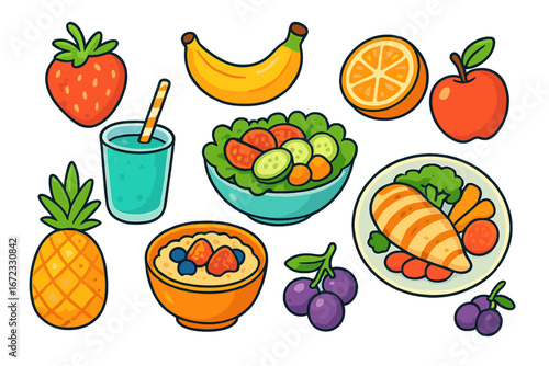 Healthy food icon set. Vector cartoon collection of meals for diet and nutrition. Includes fruit, salad, smoothie, oatmeal, and chicken for breakfast, lunch, and dinner.