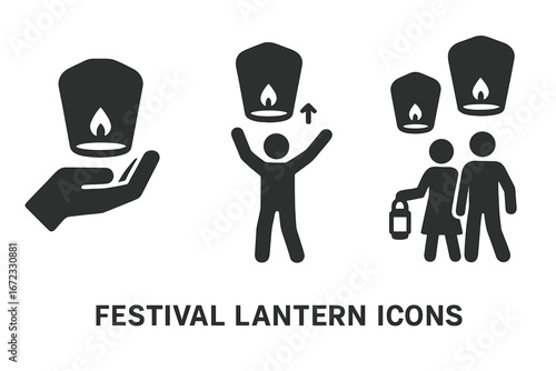 Sky lantern festival icon set. People releasing wishing lanterns. Solid glyph icons for celebration, ceremony, tradition, and hope. Vector graphic for night event or holiday.