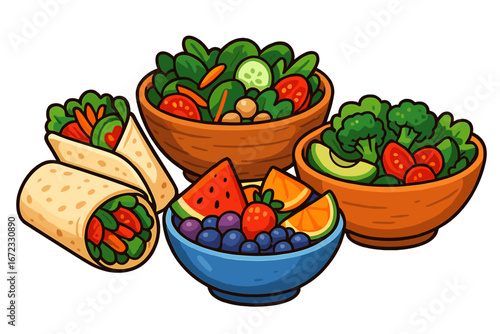 Healthy food assortment with salads, fruit bowl, and wraps. Vector cartoon illustration of a nutritious meal. Concept for balanced diet, vegan or vegetarian lifestyle, fresh lunch.