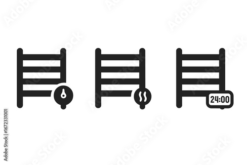 Heated towel rail icons. Solid vector icon set of bathroom radiator features. Includes thermostat temperature control, heating element symbol, and digital timer display pictogram.