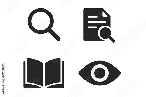 Transparency vector icon set. Solid glyph icons for business ethics, trust, and honesty. Includes magnifying glass for inspection, document review, open book for clarity, eye for vision.