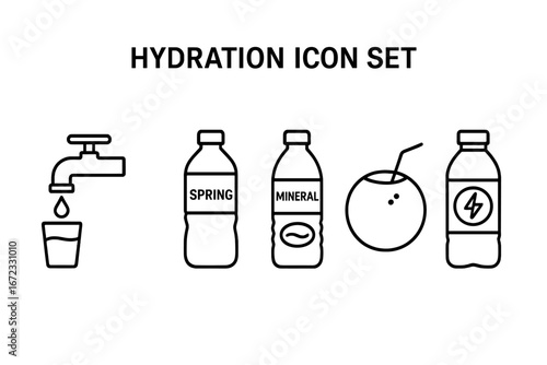 Water and hydration line icon set. Vector outline symbols. Tap water, glass, bottle, spring, mineral, coconut water, electrolyte drink. Healthy lifestyle beverage concept.