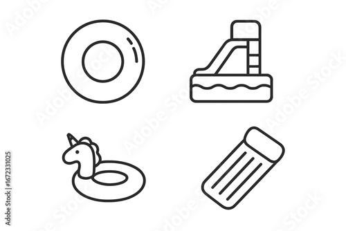 Inflatable water toys line icon set. Summer pool float collection. Unicorn, slide, ring, mattress floatie. Outline vector illustration for beach vacation and swimming fun.
