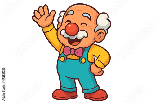 Cheerful cartoon senior man dressed as a funny clown waving hello. Happy elderly grandfather character mascot. Vector illustration for circus, comedy, or entertainment.