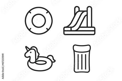 Inflatable water toys outline icon set. Summer pool fun concept. Vector line art of lifebuoy, unicorn float, water slide, and mattress. Leisure activity graphic elements.