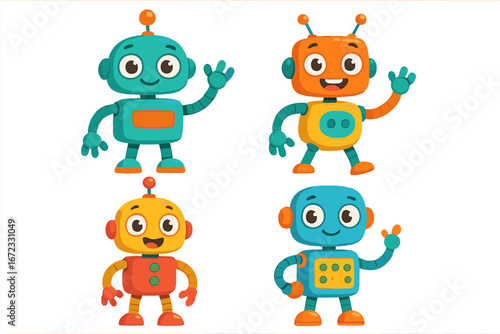 Set of cute cartoon robot characters. Friendly and colorful android mascots with happy emotions. Vector illustration for kids. Funny toy machine, futuristic ai bot collection.