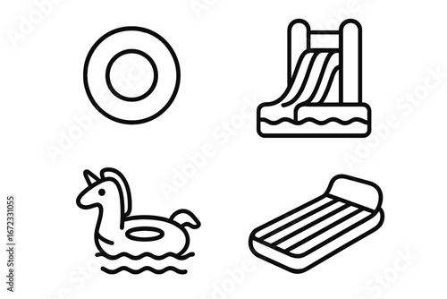 Inflatable water toys line icon set. Summer pool party and beach vacation fun concept. Vector icons of float ring, water slide, unicorn floatie and air mattress.