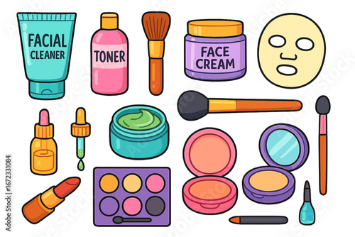 Vector cartoon set of skincare and makeup. Cosmetic beauty products collection. Facial cleanser, cream, toner, serum, lipstick, eyeshadow palette. Flat design icons illustration.