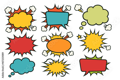 Comic speech bubbles set on white background. Pop art message and thought balloons. Retro cartoon dialog box collection. Explosion, bang effects. Communication concept design.
