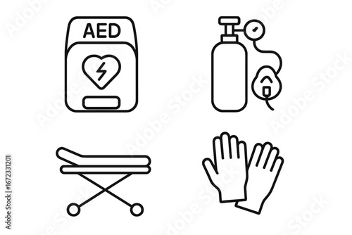 Medical emergency outline icon set. First aid and rescue equipment vector icons. AED defibrillator, oxygen tank, stretcher, medical gloves. Paramedic and hospital symbols.