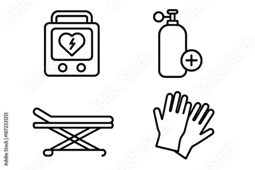 Medical emergency line icon set. First aid and healthcare symbols. Vector collection of AED defibrillator, oxygen tank, hospital stretcher, and protective medical gloves.