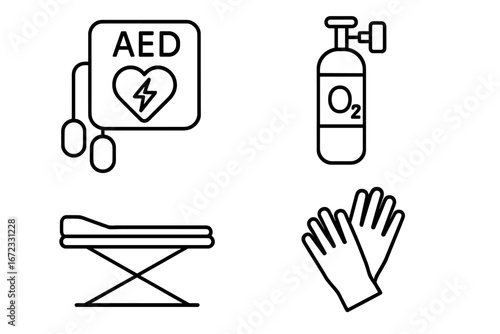 Medical emergency line icon set with AED defibrillator, oxygen tank, stretcher, and sterile gloves. Vector graphic for first aid, CPR, ambulance, and hospital service concepts.