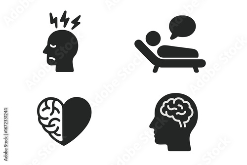 Mental health solid glyph icon set. Psychology, stress, anxiety, and therapy concepts. Vector brain, mind, head, and heart symbols for psychotherapy and wellness design.