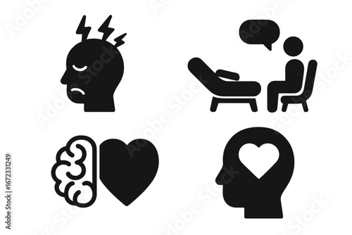 Mental health solid icon set. Psychology, stress, therapy session, psychotherapy, brain and heart connection, emotional intelligence, self love vector glyph collection.