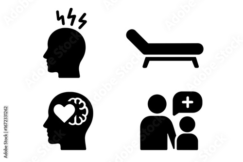 Mental health solid glyph icon set. Psychology, stress, headache, anxiety symbol. Therapy couch for psychiatrist. Brain and heart for emotions, support, and consultation.