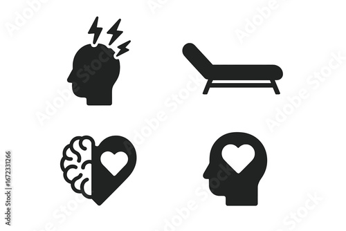 Mental health and psychology solid icon set. Vector icons of stress, anxiety, therapy couch, brain and heart balance, emotional intelligence, and self-love for wellness concepts.