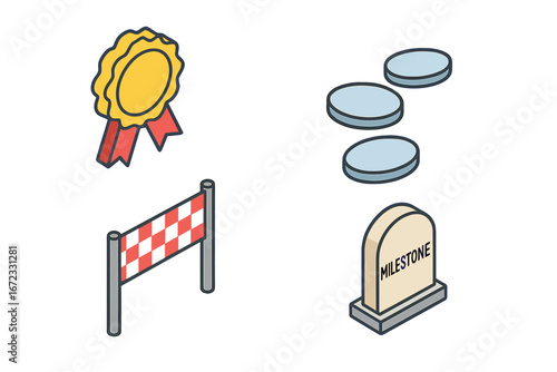 Milestone tracking isometric icon set. Vector graphics of stepping stones, finish line, award ribbon for project progress, development, goals, and business success concept.