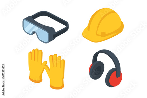 Personal protective equipment icon set. Isometric PPE concept for work safety. Vector of hard hat, safety goggles, protective gloves, and ear muffs for hearing protection.