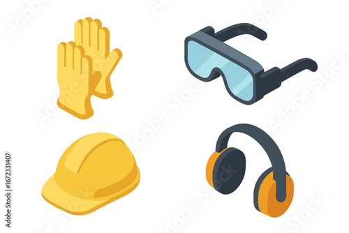 PPE icon set. Isometric personal protective equipment with safety glasses, hard hat, work gloves, and ear protection. Health and safety vector icons for industry and construction.