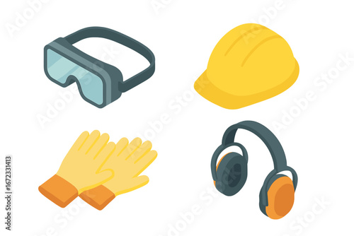 PPE icon set. Isometric vector graphics of personal protective equipment for workplace safety. Industrial construction gear: hard hat, safety goggles, work gloves, ear muffs.