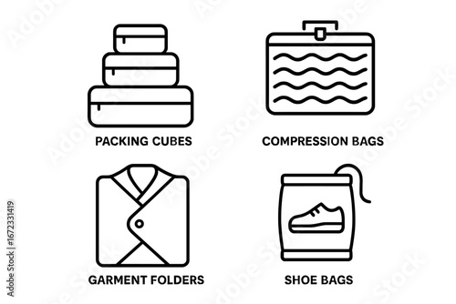 Vector line icon set of travel packing organizers. Outline icons of packing cubes, compression bags, garment folders, and shoe bags. Luggage organization tools concept.
