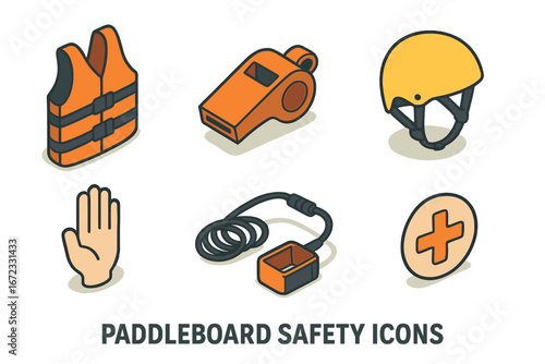 Paddleboard safety icon set. Isometric vector graphics of essential SUP equipment for safe paddling. Includes life jacket, PFD, whistle, helmet, leash, and first aid symbol.