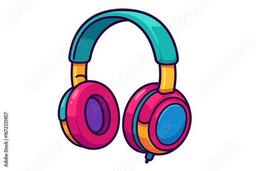 Colorful headphones vector icon for music lovers. Modern cartoon illustration of audio gear. Listen to podcast, sound or dj mix. Funky pop art accessory for entertainment.
