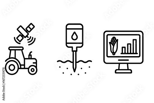 Precision farming icons. Outline icon set of smart agriculture technology. GPS tractor, soil moisture sensor, yield monitor. Vector for agri-tech and IoT farming concepts.
