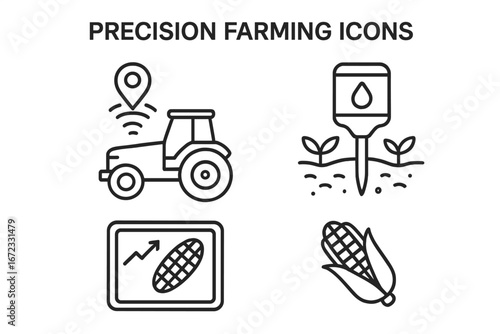 Smart farming line icon set. Precision agriculture technology vector icons. GPS autosteer tractor, soil water sensor, crop yield monitor analytics, corn harvest symbol collection.