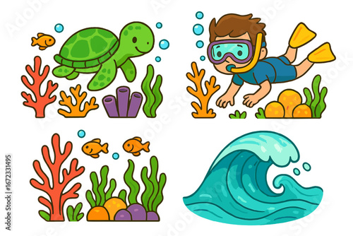 Marine life cartoon vector set. Snorkeling boy, sea turtle, fish, coral reef, and ocean wave illustrations. Underwater adventure and summer vacation concept for kids design.