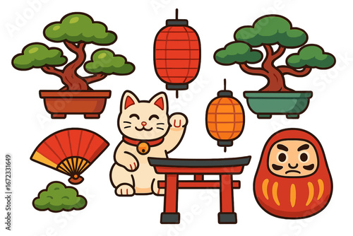 Set of Japanese culture traditional symbols. Cute cartoon vector icons of Japan. Maneki neko cat, daruma doll, bonsai tree, torii gate, red lantern, fan. Asian travel elements.