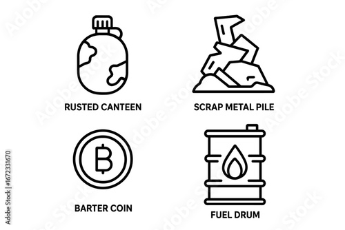 Scavenger economy outline icon set. Post-apocalyptic survival game assets. Vector icons of scrap metal, fuel drum, rusted canteen, and barter coin for a dystopian world.