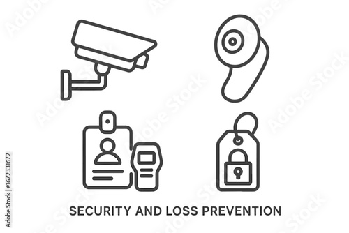 Security and loss prevention outline icon set. Vector icons of surveillance camera, CCTV, EAS security tag, ID badge, access control scanner, and anti-theft lock tag.