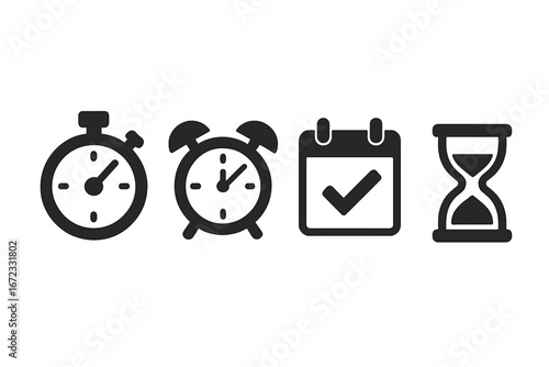 Time management vector icons. Solid glyph icon set of time devices like stopwatch, alarm clock, calendar reminder, hourglass. Concept of productivity, efficiency, deadline.