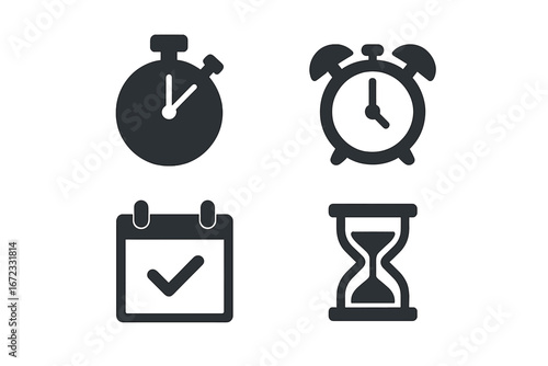 Time management vector icon set. Solid filled glyphs of stopwatch, alarm clock, calendar reminder, hourglass. For concepts of deadline, productivity, schedule, and planning.