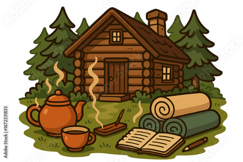 Cozy cabin retreat in forest. Log house for weekend getaway. Hygge lifestyle with hot tea, book, incense. Vector for mindfulness, slow living, wellness vacation concept.